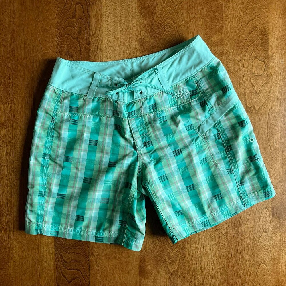 The North Face women's green plaid board shorts 4